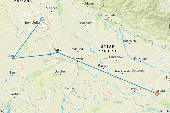 Carte du circuit Circuit privé de 7 jours du Triangle d'Or de l'Inde avec Varanasi