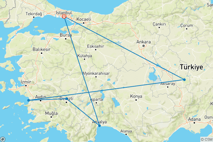 Carte du circuit 12 jours de vacances privées pour les anges en TURQUIE| Un voyage de choix - Pas de chemin fastidieux ! (entièrement guidé)