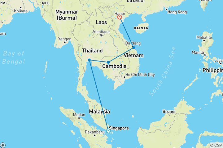 Mapa de 14 Días Singapur, Tailandia, Camboya y Vietnam Exploración en Familia (guía y conductor privados)