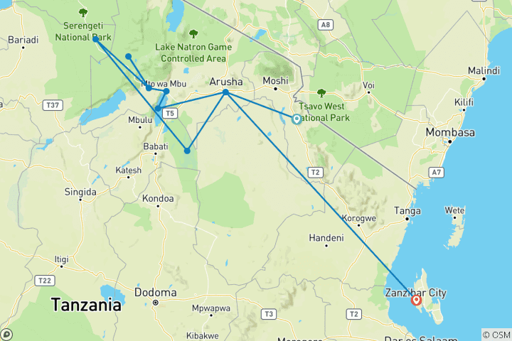 Karte von Tansania und Sansibar - von der Serengeti zum Indischen Ozean