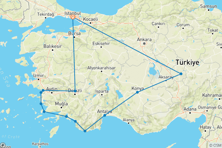 Carte du circuit 14 jours de vacances privées pour les anges en TURQUIE| Tranquillité et relaxation de premier ordre ! (entièrement guidé)