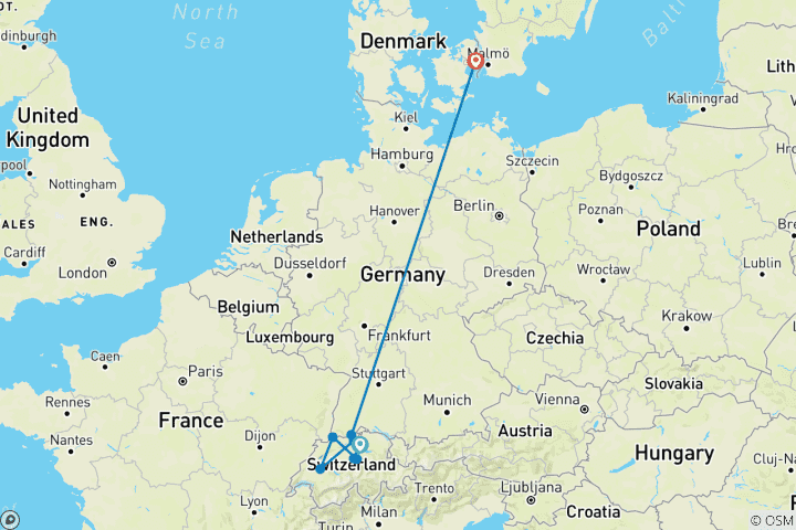 Mapa de De Zúrich a Copenhague y Joyas del Rin