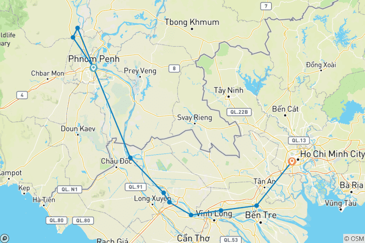 Carte du circuit Croisière de 8 jours sur le Mékong 2026-2027|2027-2028 - 8 jours (from Phnom Penh to Hô Chi Minh-Ville<br />
)