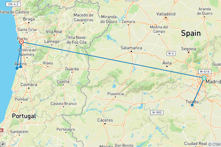 Map of 7 Day Madrid And Porto By Train