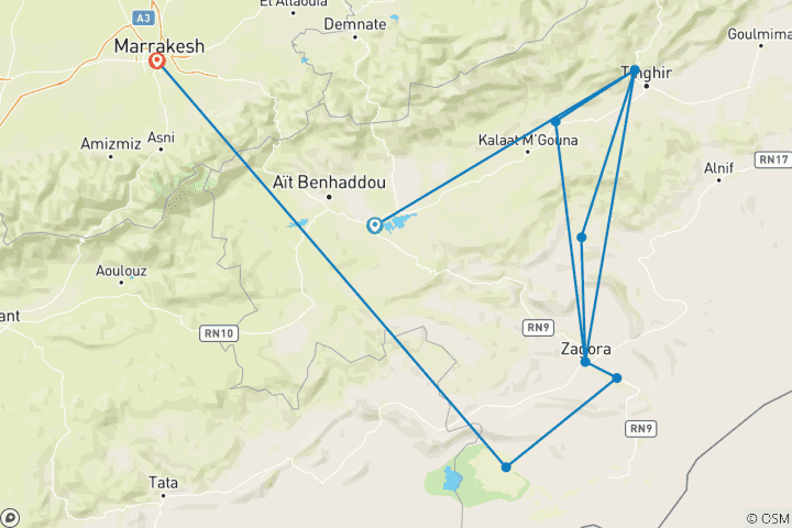 Karte von 4-tägige private Marokko Wüstentour von Ouarzazate nach Marrakakech