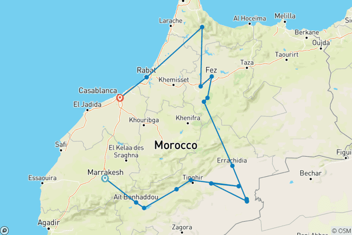 Karte von DeluxePrivatreise7 Tage Marokko - Reise von Marrakesch über Chefchaouen, Fes und die Wüste
