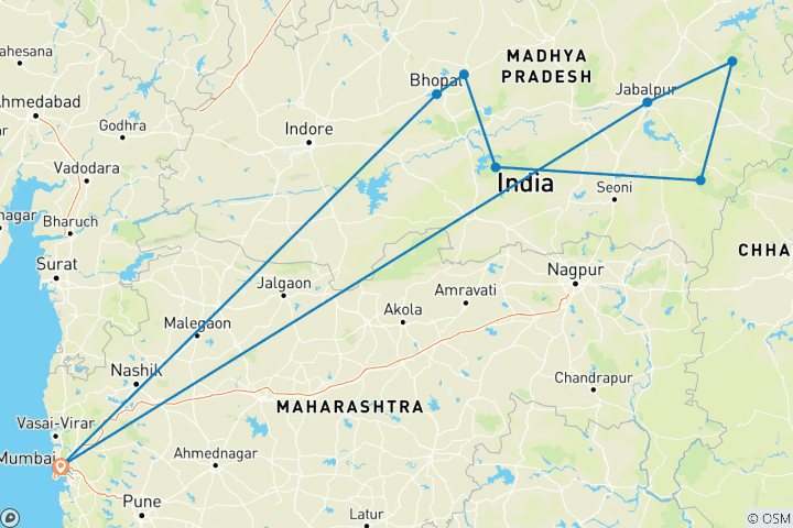 Kaart van India Tijgersafari en Erfgoedreis