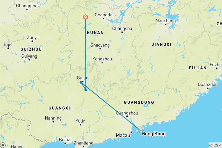 Carte du circuit 7 jours d'aventure en famille à travers les merveilles naturelles du sud de la Chine (guide et chauffeur privés))