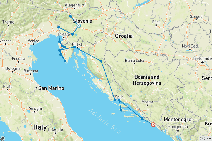 Carte du circuit Privé - Balkan étendu de Ljubljana à Dubrovnik