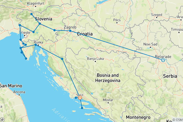 Carte du circuit Privé - Balkan étendu de Belgrade à Split