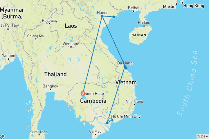 Karte von 12 Tage Vietnam - Kambodscha - Abfahrt täglich von Ho Chi Minh Stadt