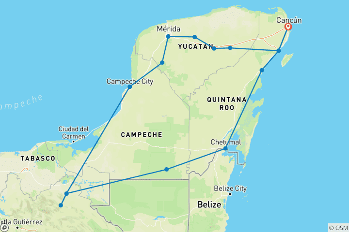 Karte von Mexiko Rundreise 14 Tage - Yukatan Kompakt