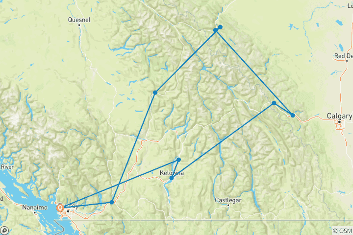 Kaart van 5-daagse rondreis West-Canada Rockies vanuit Vancouver met Banff, Jasper en Yoho National Parks