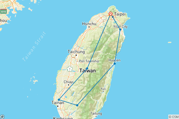 Carte du circuit 12 jours d'exploration de Taïwan : Nature et aventure