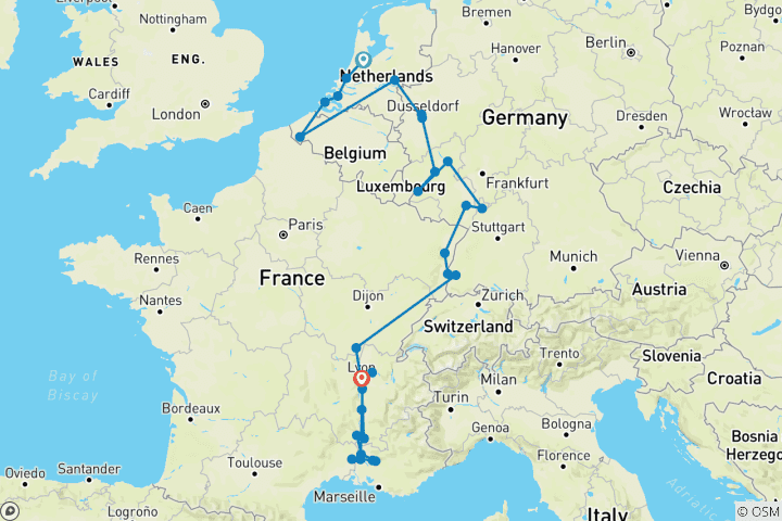 Carte du circuit Merveilleuse Europe 2026 - 25 jours (from Amsterdam to Lyon)