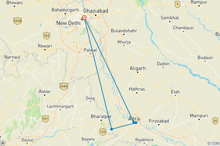 Kaart van Overnachtingstocht Taj Mahal vanuit Delhi met de auto