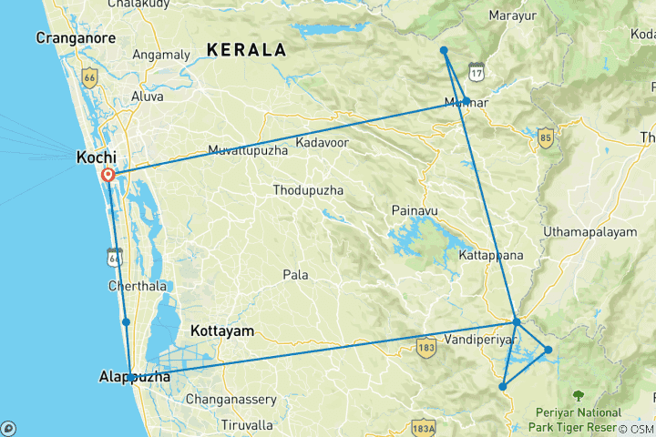 Kaart van Betoverende rondreis door Kerala