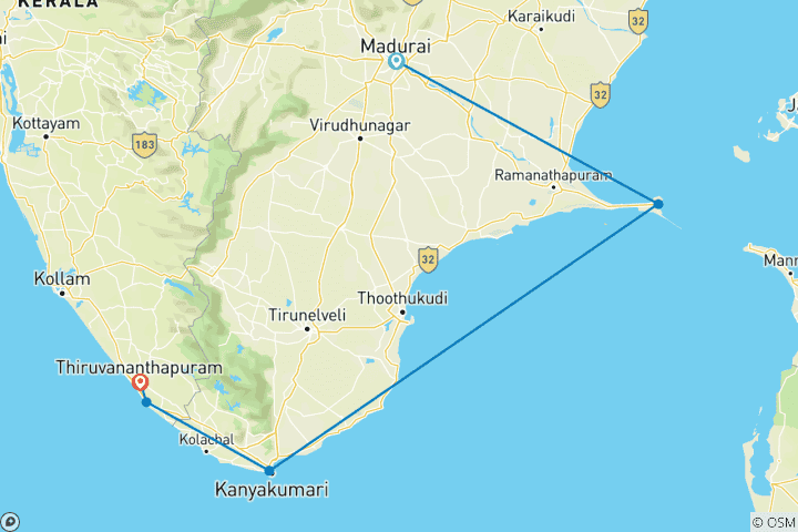 Karte von Madurai Rameswaram Kanyakumari Kovalam