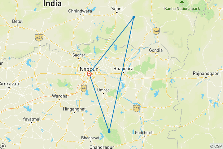 Kaart van Tadoba en Pench tijgersafari avontuur