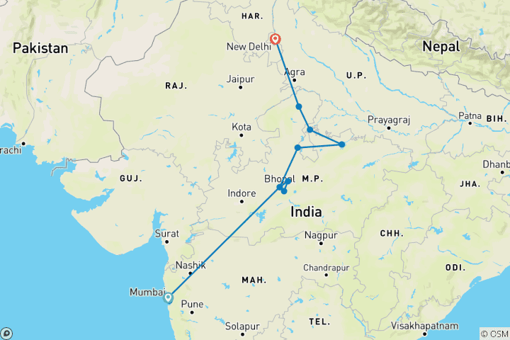 Carte du circuit Circuit du patrimoine de l'UNESCO dans le Madhya Pradesh