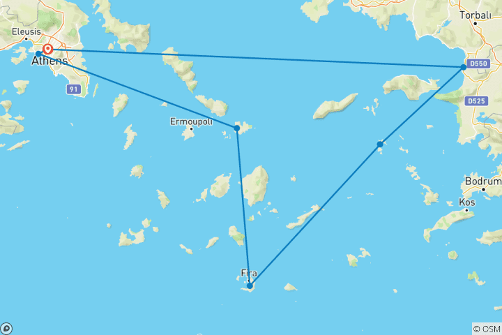 Karte von 4 Tage Kreuzfahrt von Athen nach Mykonos, Santorini, Patmos und Kusadasi (Türkei). (Gulet)