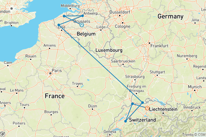 Map of Romantic Rhine & Moselle with Bruges 2026|2027 - 18 Days (from Brussels to Zurich)
