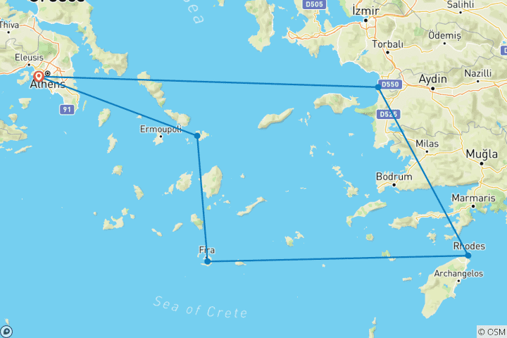 Carte du circuit Croisière de 5 jours vers les îles grecques Mykonos, Santorin, Rhodes et Kusadasi.