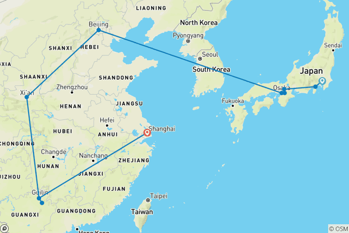 Carte du circuit Japon et Chine : circuit en petit groupe de 17 jours avec les points forts de la région