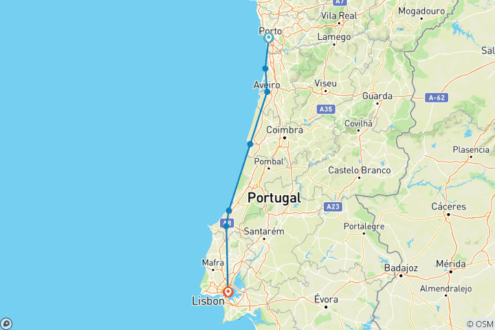 Map of Porto to Lisbon Premium self-guided bike tour