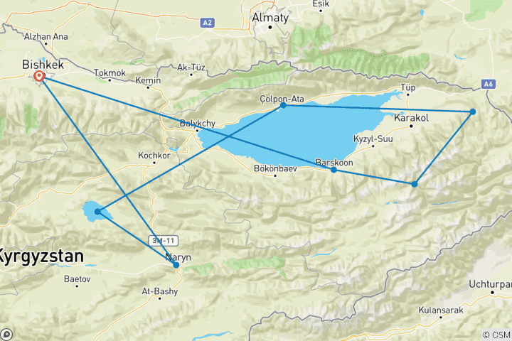 Kaart van Fotorondreis naar Kirgizië, Kelsuu, Son Kul, Issyk Kul, Jyrgalan, Altyn Arashan, Jeti Oguz, Bishkek