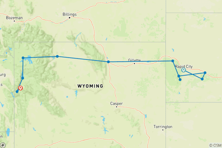 Carte du circuit Le pays des cow-boys d'Amérique (de Rapid City, SD à Jackson, WY)