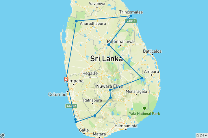 Carte du circuit 8 jours pour découvrir les merveilles de la faune et de la flore du Sri Lanka
