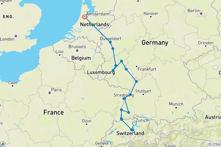 Carte du circuit Zurich - Lucerne et marchés de Noël sur le Rhin 2026