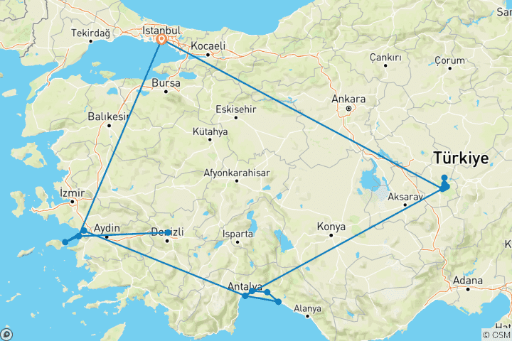 Mapa de 12 Días Maravillas de Turquía con un Ferry a la Isla de Samos