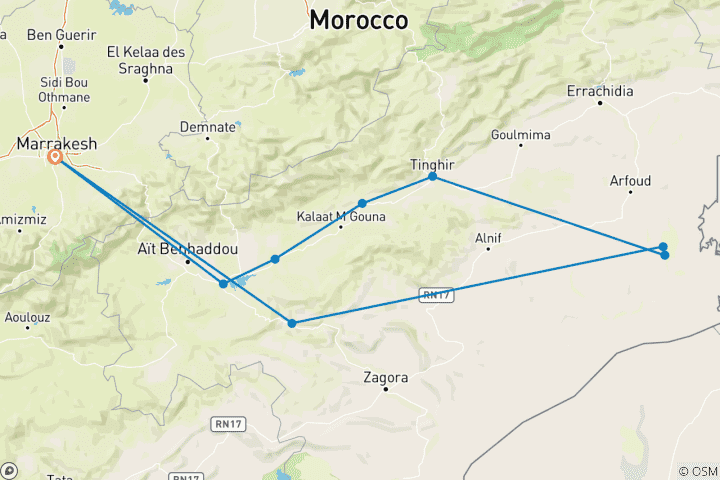 Kaart van 3-Daagse rondreis door Marokko van Marrakech naar Merzouga Duinen & Luxe Woestijnkamp