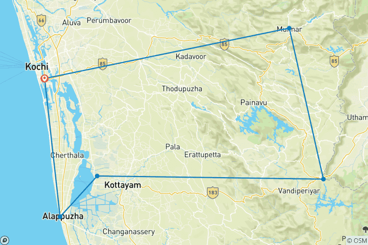Kaart van Vanuit Cochin: 8-daagse rondreis door Kerala met woonboot cruise