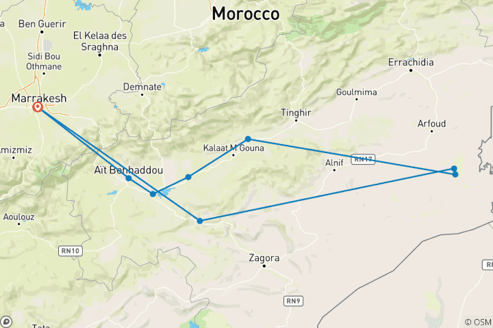 Karte von 5 Tage Tour von Marrakesch über Berberdörfer, Atlasgebirge, Merzouga Sahara-Wüste