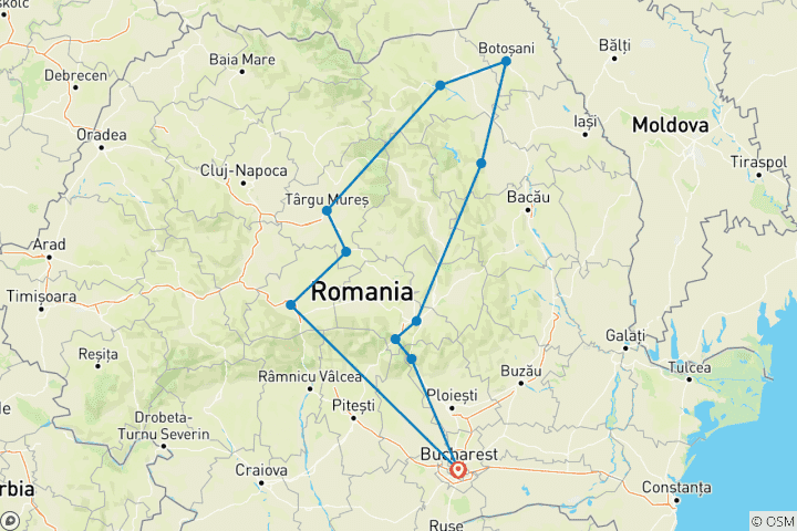 Kaart van 7-daagse grote rondreis door Roemenië: Kastelen, Cultuur & Karpaten