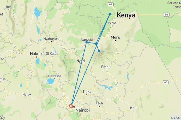 Map of 6 days Mount Kenya Trek with Samburu Game Reserve Wildlife Safari 2026