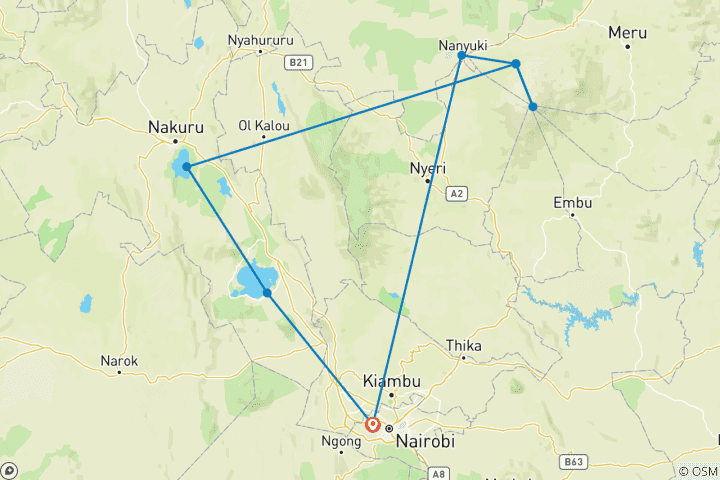 Kaart van 7 dagen Mount Kenya Trek + Lake Nakuru en Naivasha middenklasse Safari