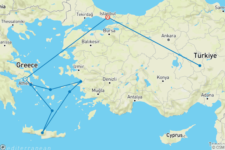 Map of 10 Day Athens, cruise to the Greek Islands and the Turkish Riviera from Athens, Istanbul and Cappadocia.