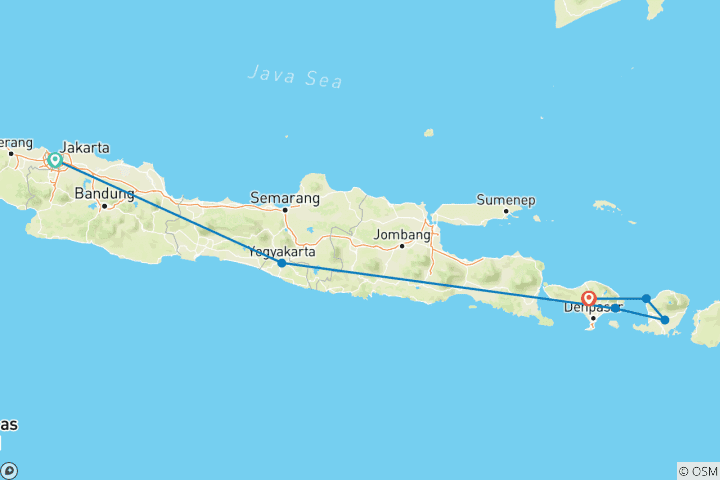 Carte du circuit Découvrez l'Indonésie : 13 jours à Jakarta, Yogyakarta, Bali, Gili Trawangan et Lombok