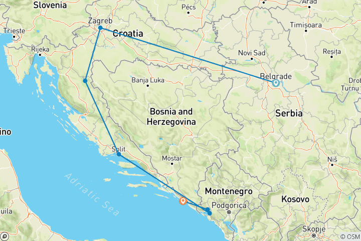Map of Serbia & Croatia in one week: From Belgrade to Dubrovnik - SMALL GROUP