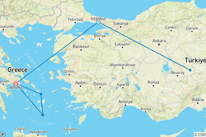 Carte du circuit Circuit de luxe de 10 jours en Turquie et en Grèce - Istanbul, Cappadoce, Athènes, Mykonos et Santorin avec 4 vols inclus - Circuit en petit groupe