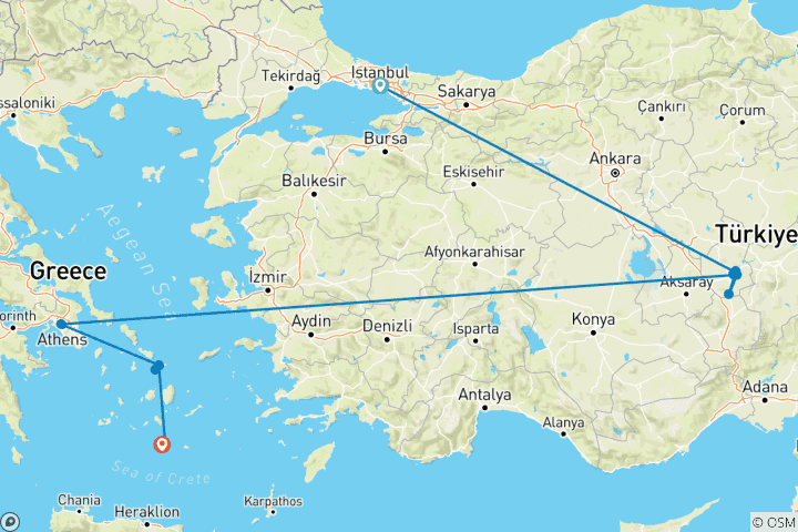Map of PRIVATE - 10 Days Turkey & Greece tour - Istanbul, Cappadocia, Athens, Mykonos and Santorini with 4 flights included