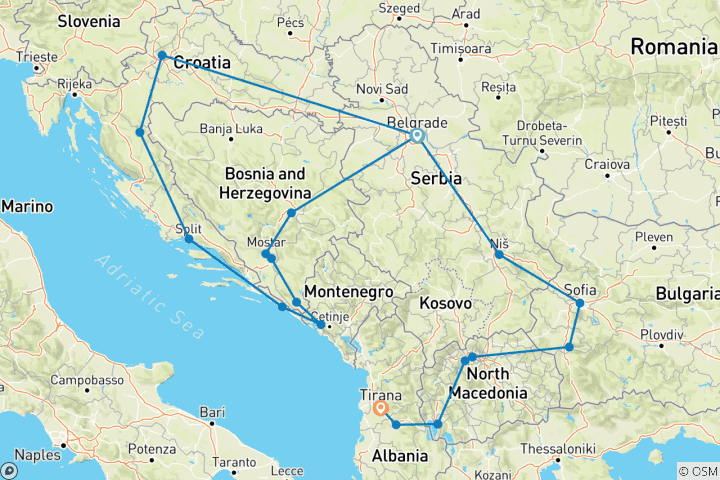Carte du circuit Les Balkans et l'Adriatique : 7 sites du patrimoine mondial de l'UNESCO en deux semaines - PETIT GROUPE