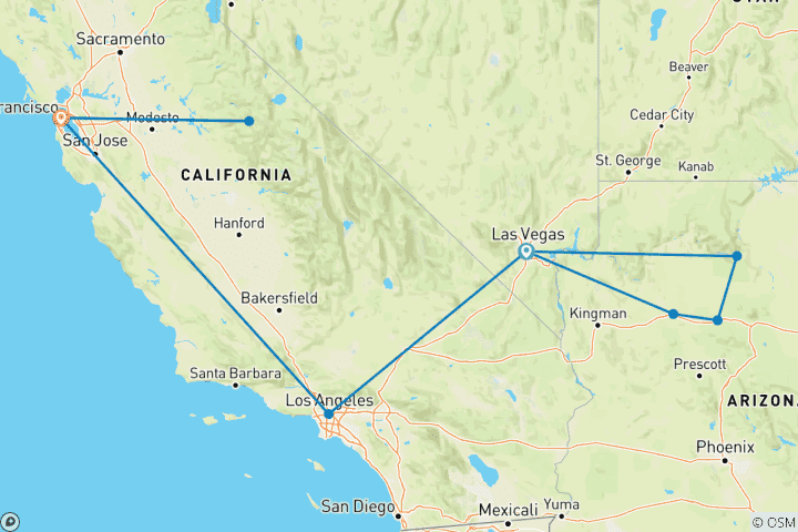 Map of 8-Day USA West Coast Adventure: Las Vegas, Route 66, Grand Canyon, LA, Yosemite & San Francisco