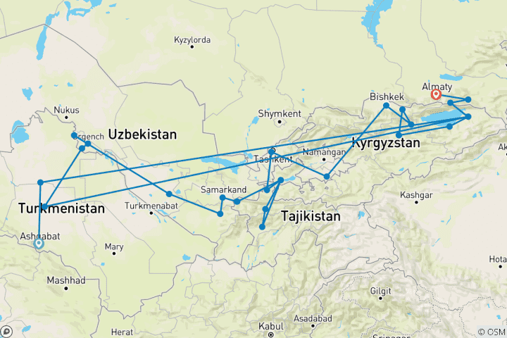 Mapa de 5 Excursión Descubriendo los -Stán de Ashgabat a Almaty