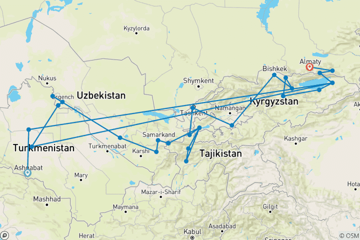 Mapa de 5 Excursión Descubriendo los -Stán de Ashgabat a Almaty
