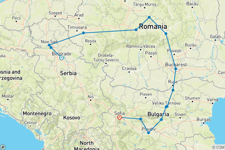 Carte du circuit Le meilleur de la Serbie, de la Roumanie et de la Bulgarie en 12 jours - circuit premium en petit groupe
